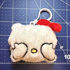 Cute White Plush hello Kitty emoji purse, charm with Red Bow